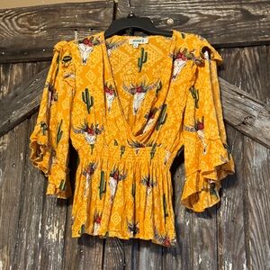 Rockin’ C Western Yellow Cow Skull Print Blouse